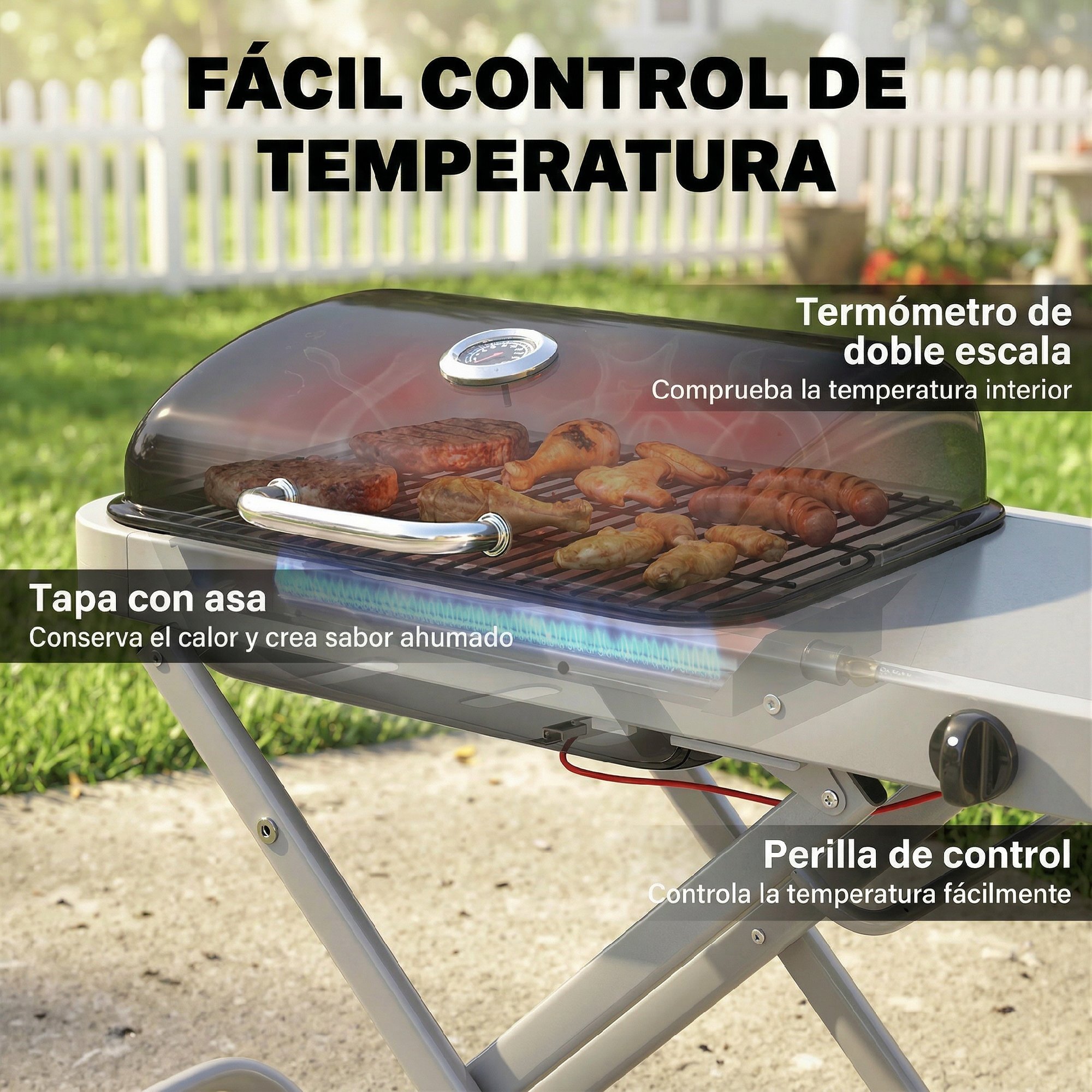 Outsunny Barbacoa de Gas Plegable, BBQ Gas con Quemador 2,5 kW, Barbacoa Portátil con Termómetro, Mesa Lateral, Parrilla de Hierro Fundido, Recogedor Grasa y 2 Ruedas para Jardín, Camping, Negro