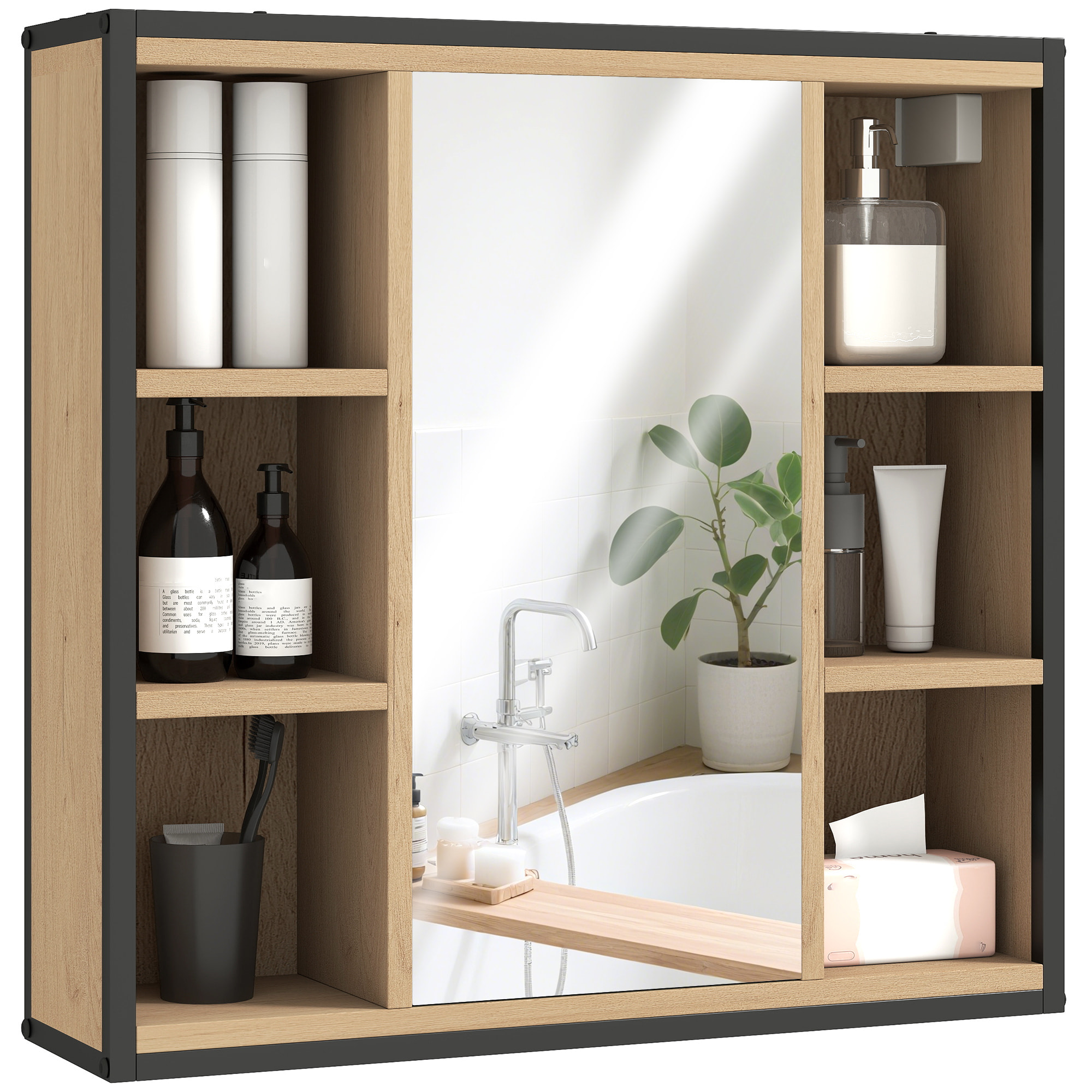 Armario de Baño con Espejo Armario de Pared Mueble de Baño con Estante Ajustable y 6 Compartimentos Abiertos 60x16x58,5 cm Roble