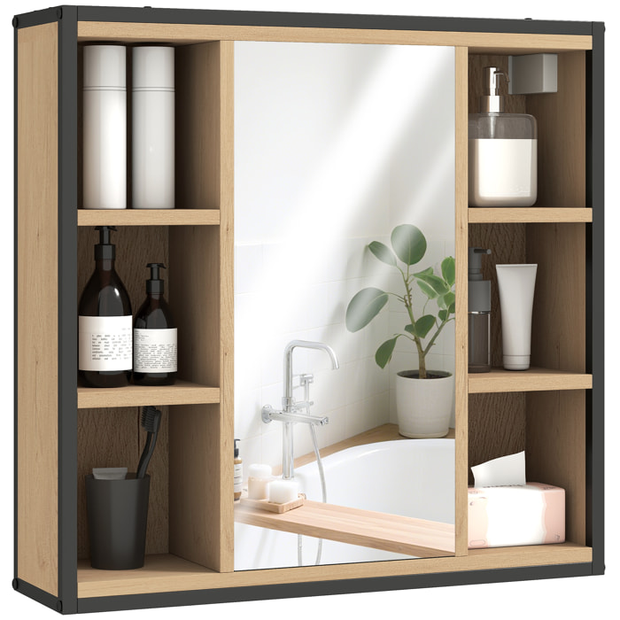 Armario de Baño con Espejo Armario de Pared Mueble de Baño con Estante Ajustable y 6 Compartimentos Abiertos 60x16x58,5 cm Roble
