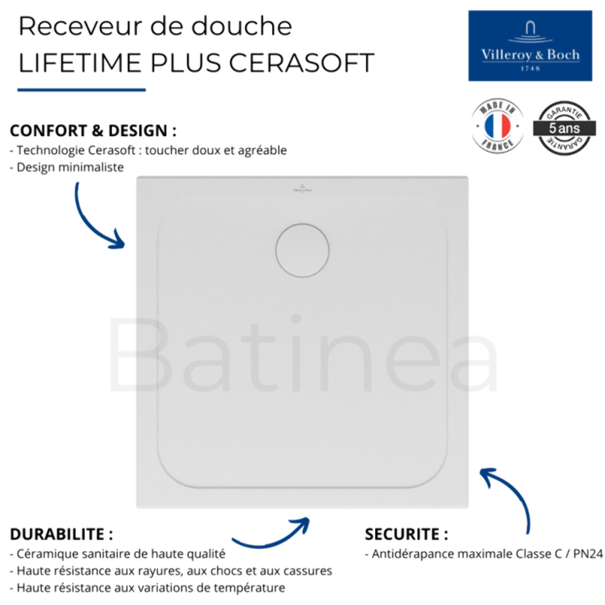 Receveur de douche antidérapant 90 x 90 Lifetime Plus Cerasoft céramique blanc + Bonde chromé brossé