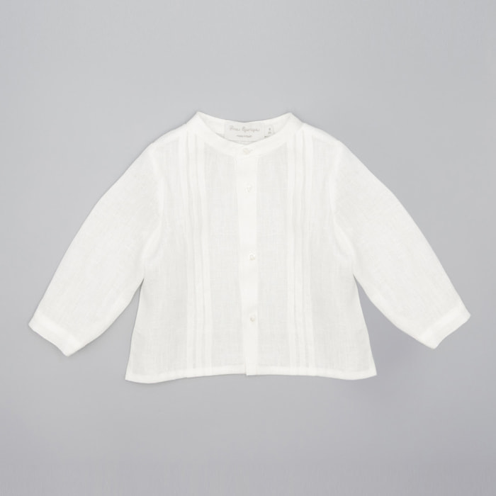 Camisa lino crudo. Con lorzas, cuello mao y manga larga.