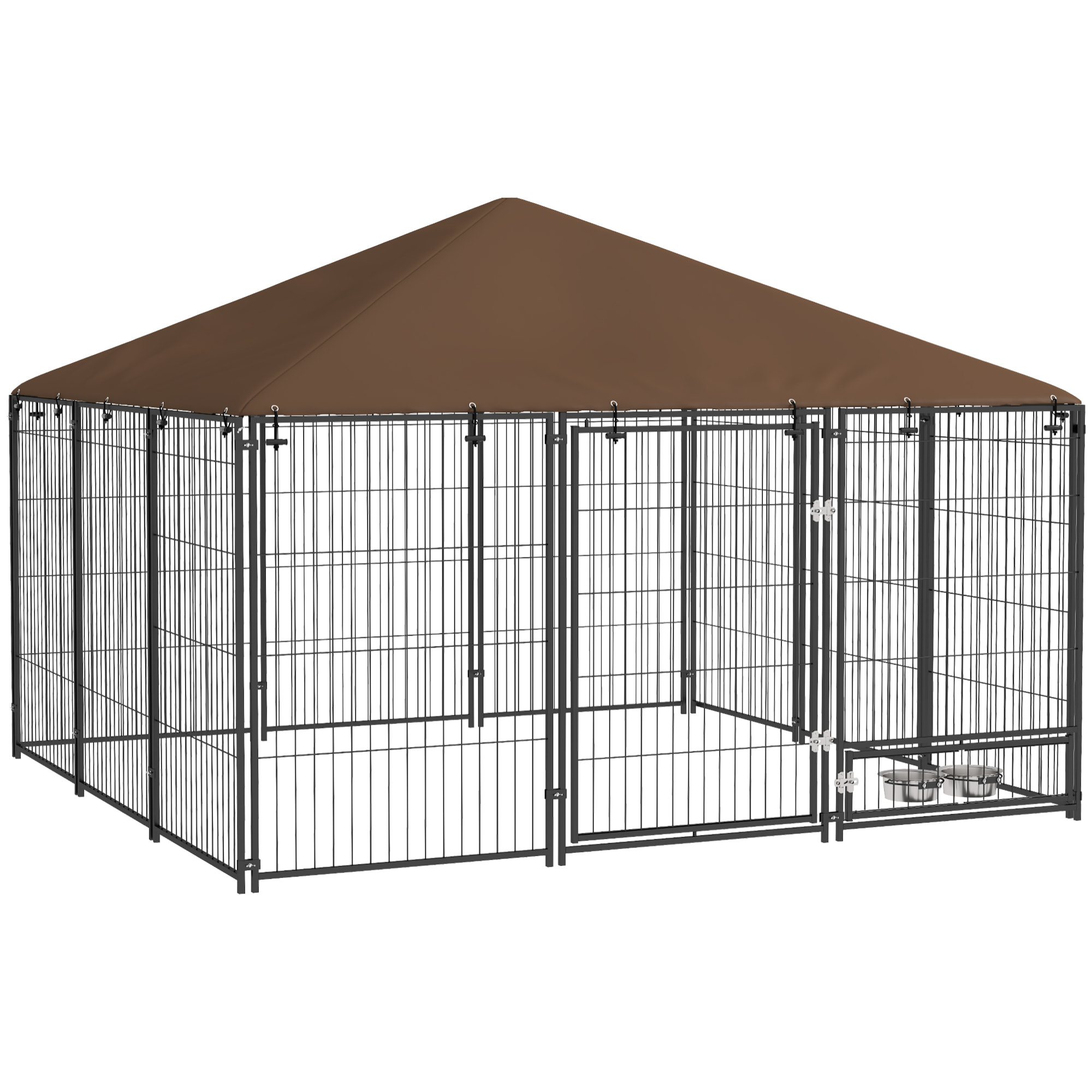 Perrera con Toldo Parque para Perros Metálica de Exterior con Soporte Giratorio para Comida 2 Cuencos para Patio Jardín Terraza 211x211x151 cm Negro