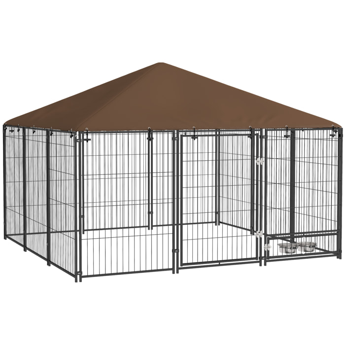 Perrera con Toldo Parque para Perros Metálica de Exterior con Soporte Giratorio para Comida 2 Cuencos para Patio Jardín Terraza 211x211x151 cm Negro