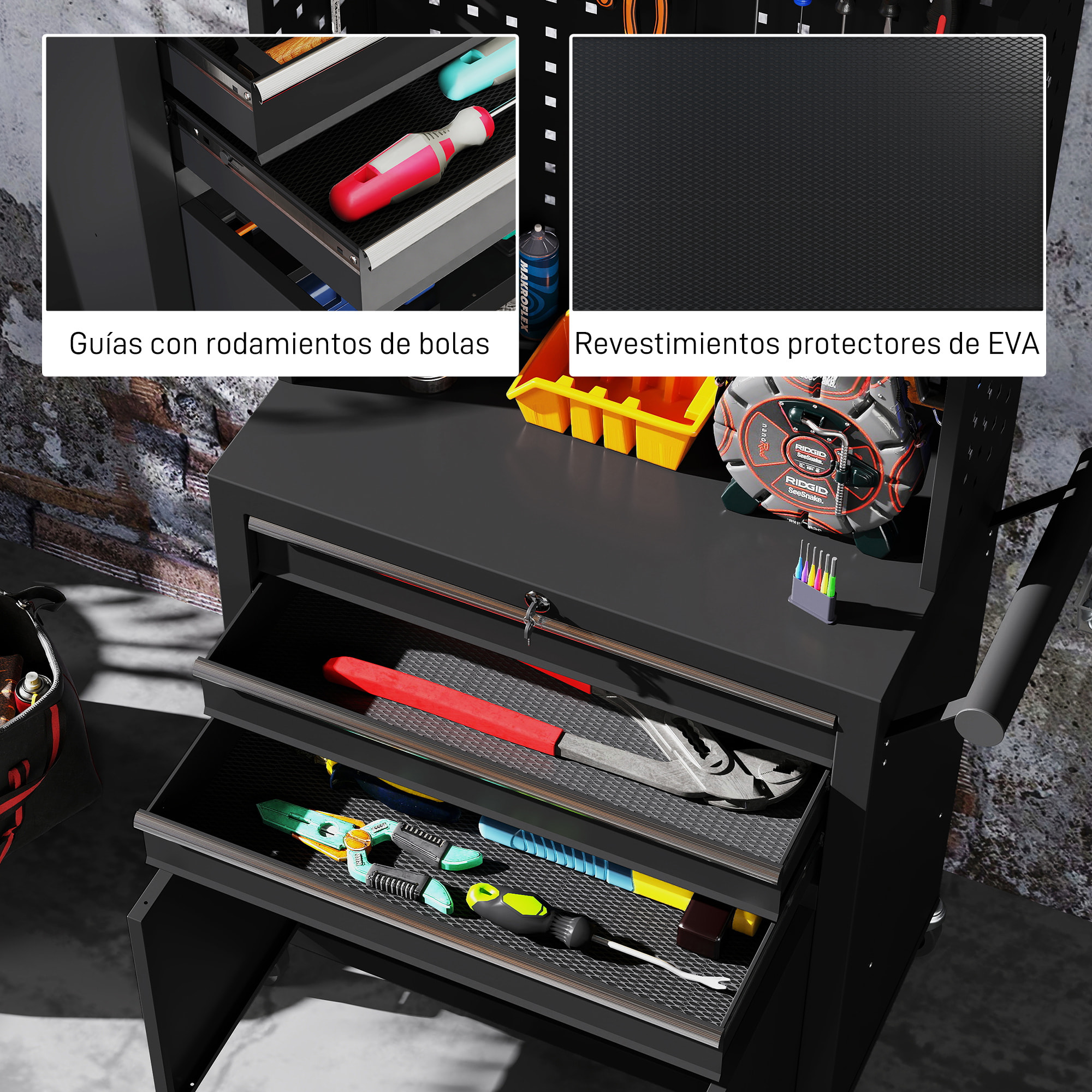 Carro de Herramientas con 3 Cajones y Tabla de Pegboard, Carro de Taller, Cerradura por Llave, Estante Ajustable, 2 Ruedas con Freno de Bloqueo, Negro