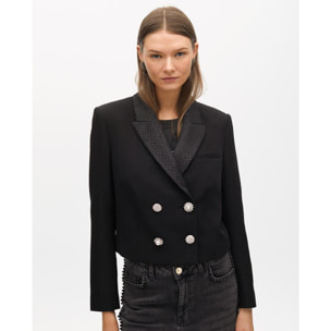 Blazer Corto con Risvolto Animal Print e Bottoni Gioiello