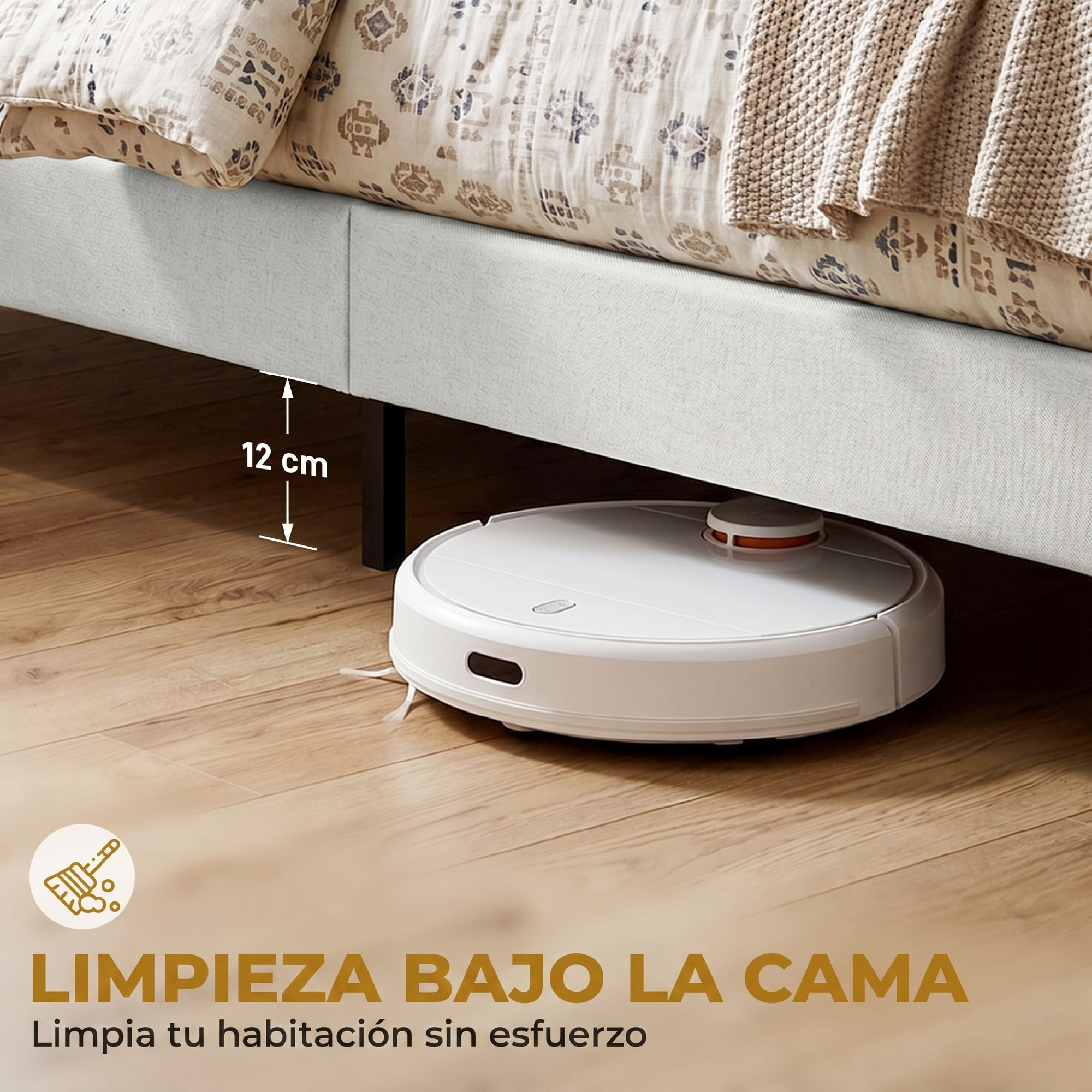 Cama Tapizada 135x190 cm con Cabecero Acolchado con Orejas y Almacenaje Inferior, Marco de Cama Doble con Somier de Lamas de Madera, Diseño Moderno, Fácil Montaje, Beige