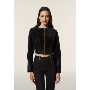 Giacca corta con zip da donna in similpelle lucida
