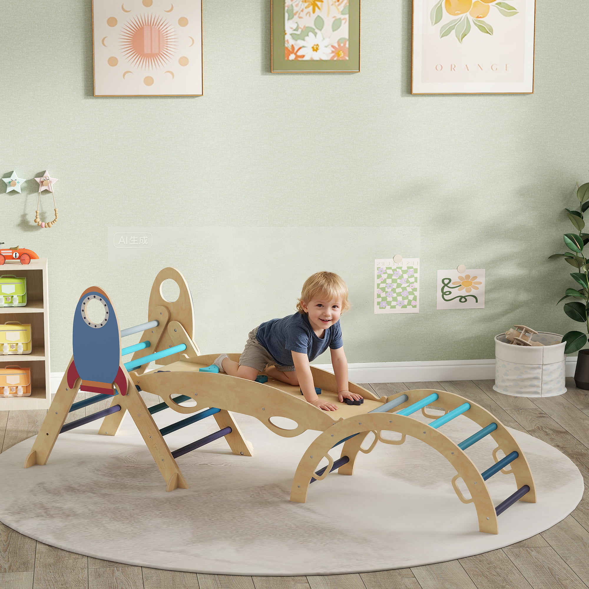 8 en 1 Triángulo de Escalada Montessori, Estructura de Escalada de Madera, Tema de Cohetes, con Arco y Rampa para Deslizarse o Escalar, para Niños de 18-48 Meses, Interiores, Azul