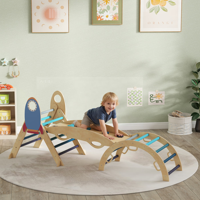 8 en 1 Triángulo de Escalada Montessori, Estructura de Escalada de Madera, Tema de Cohetes, con Arco y Rampa para Deslizarse o Escalar, para Niños de 18-48 Meses, Interiores, Azul