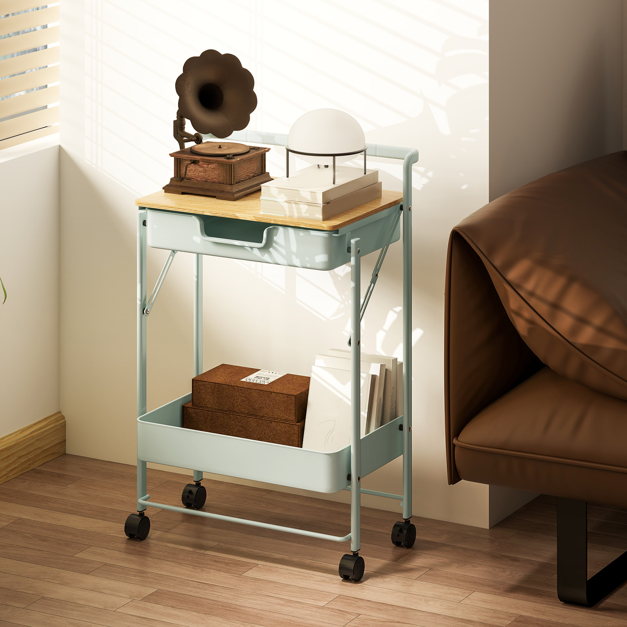Carrito Auxiliar con Ruedas de 2 Niveles Carro de Cocina con 1 Cajón y 1 Cesta Carrito Organizador para Dormitorio Salón Oficina Verde Claro