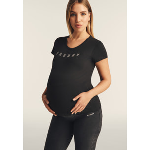 T-shirt scollo tondo con logo glitter