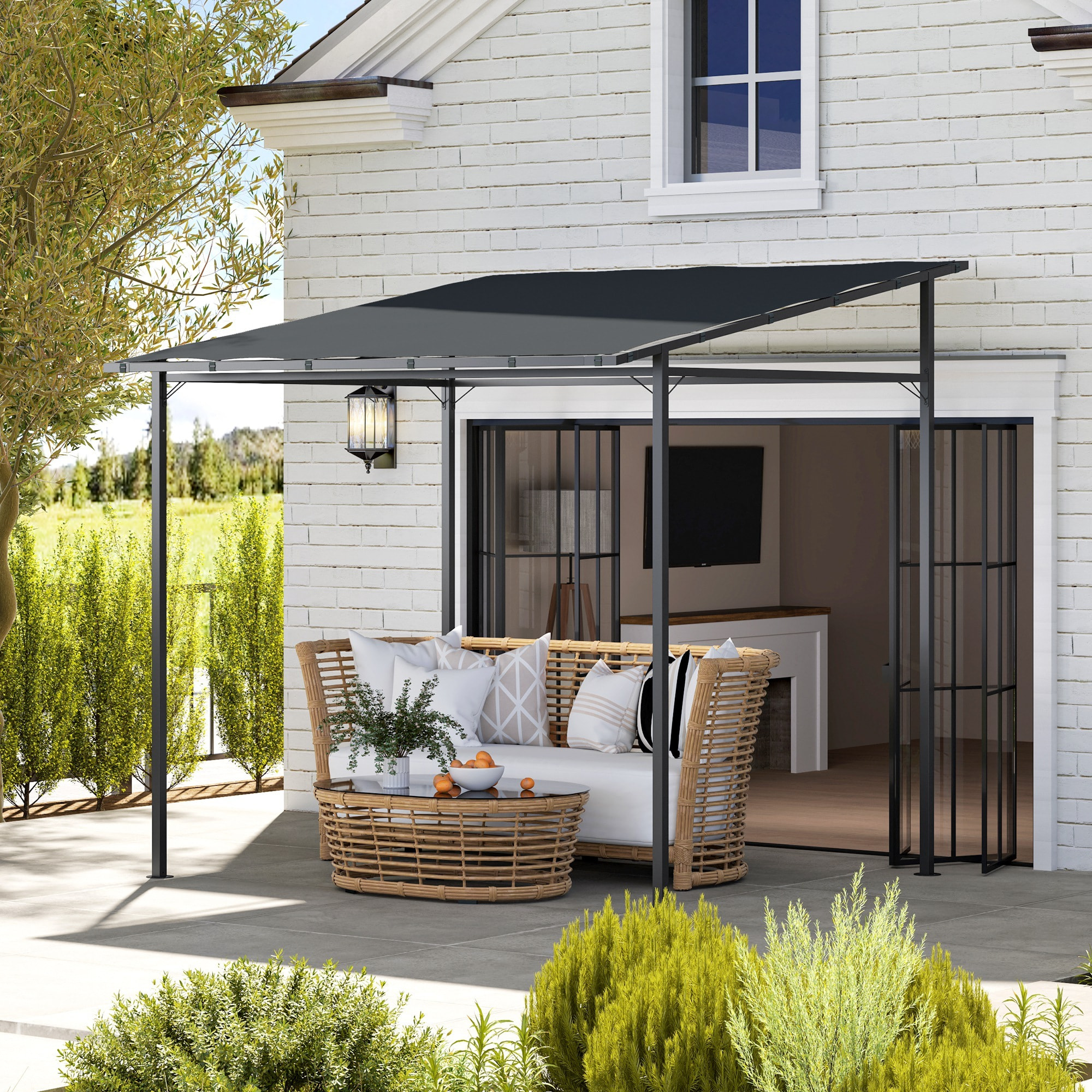 Pérgola de Pared 2,4x2,4 m Cenador de Jardín con Techo Inclinado Protección UV 30+ Impermeable y Marco de Metal para Patio Terraza Balcón Gris Oscuro