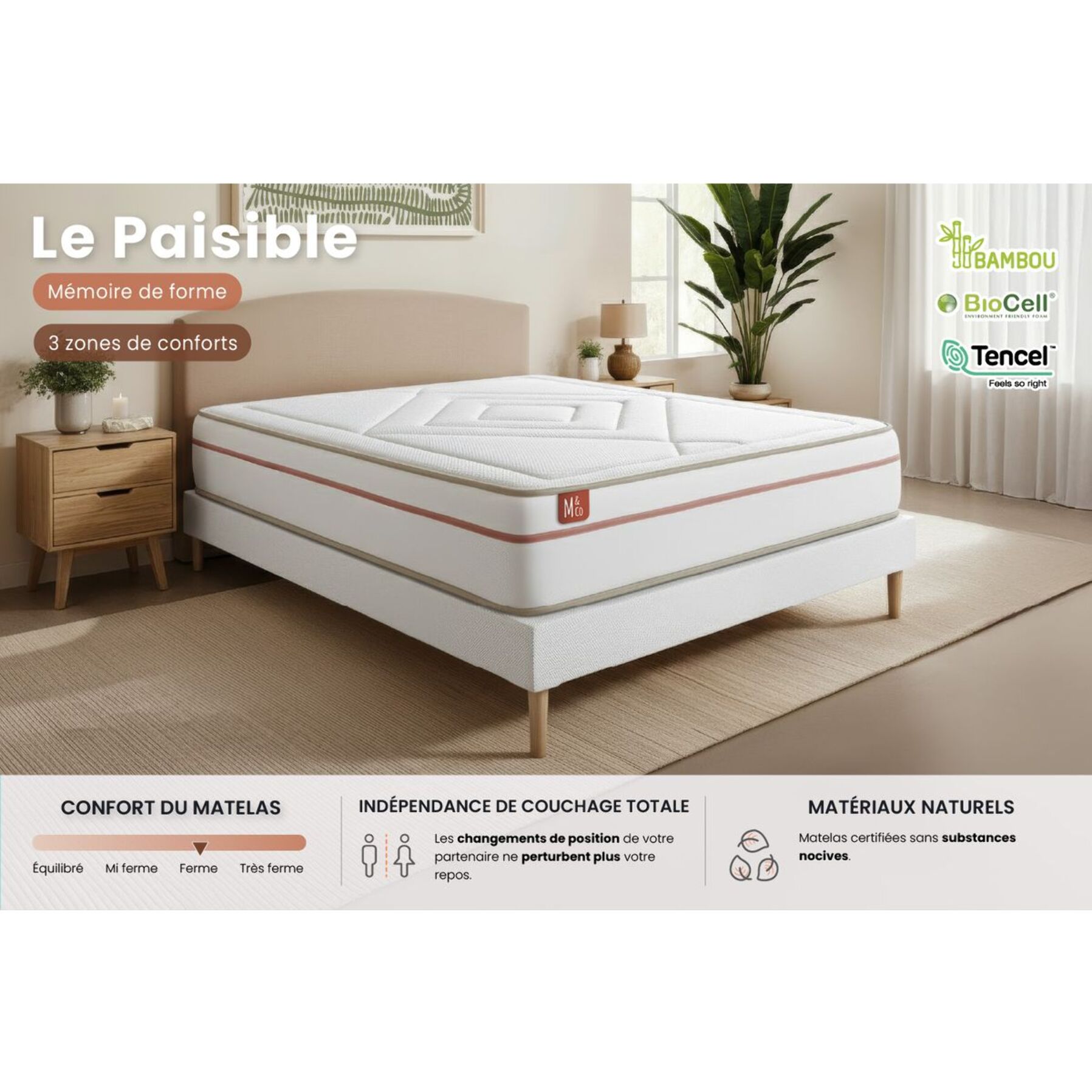 Ensemble - Matelas Mémoire de forme 24cm d'épaisseur - 3 zones de confort - Confort équilibré - Sommier tapissier monobloc - 1 place