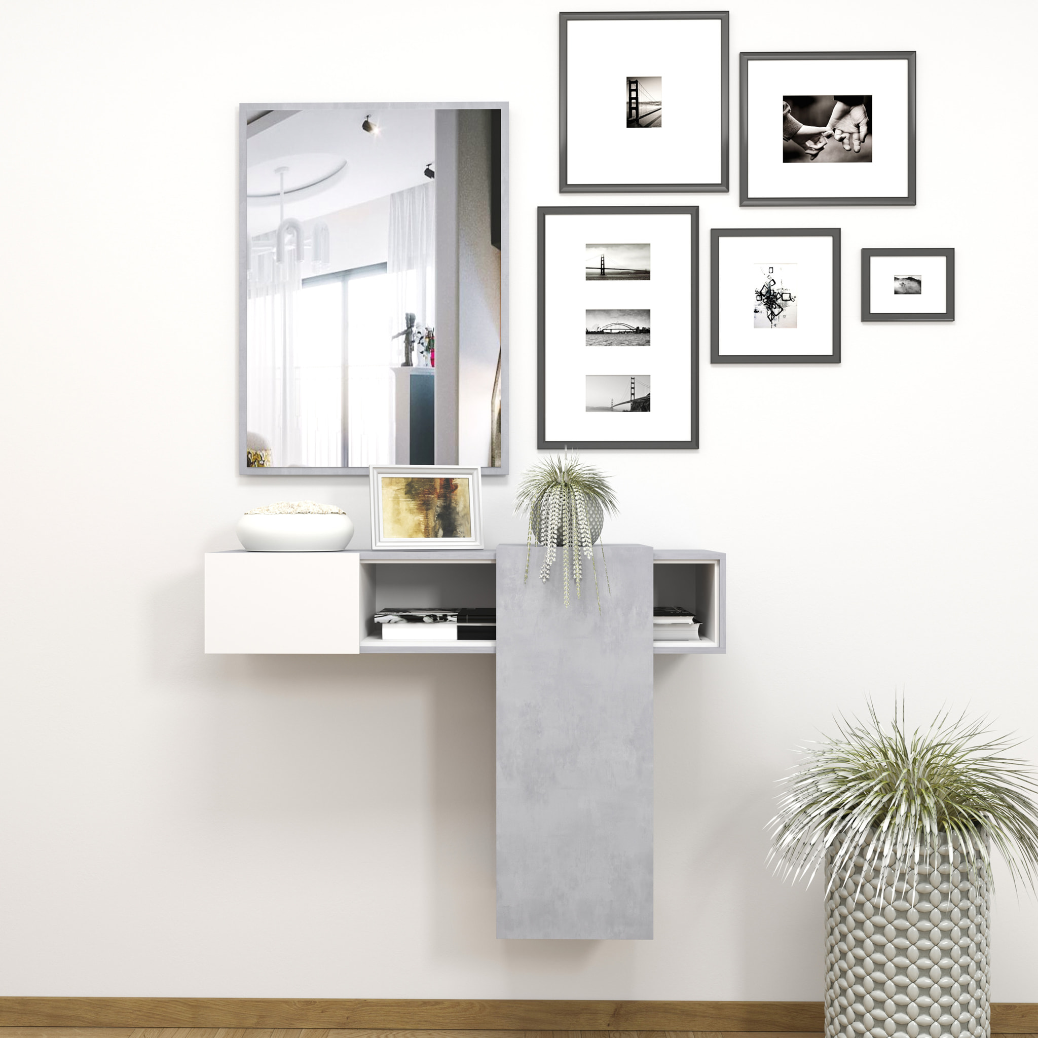Mobile Danzica Mobiletto da Ingresso Mensola Sospesa con Specchio E Ripiani Scorrevole Arredo Arredamento Sala 100 x 31.5 x 75 cm Bianco e Cemento