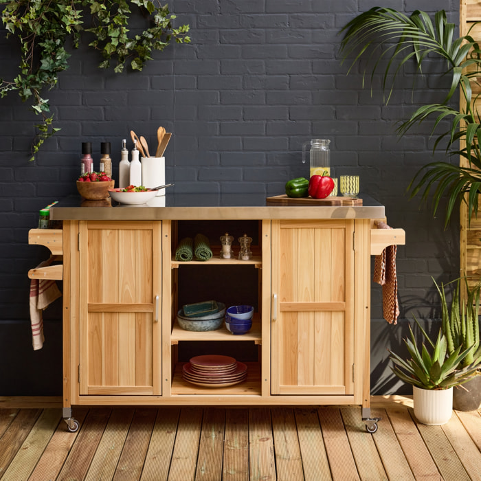 Cuisine d'extérieure 130cm bois avec poignées. 7 espaces de rangement L 130 x l 60 x h 89.5cm