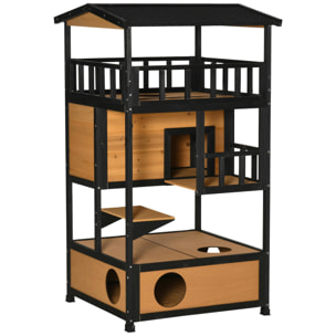 Casa para Gatos de Madera 75,5x75x137 cm Caseta para Gatos Refugio para Gatos con Techo Asfáltico y Plataformas para Interior y Exterior Natural