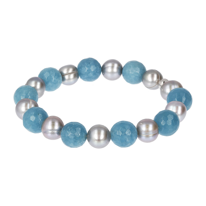 PERLAVIVA - Bracciale Elastico con Quarzo Blu e Perle d'Acqua Dolce Grigie Ø 9.5/10.5 mm