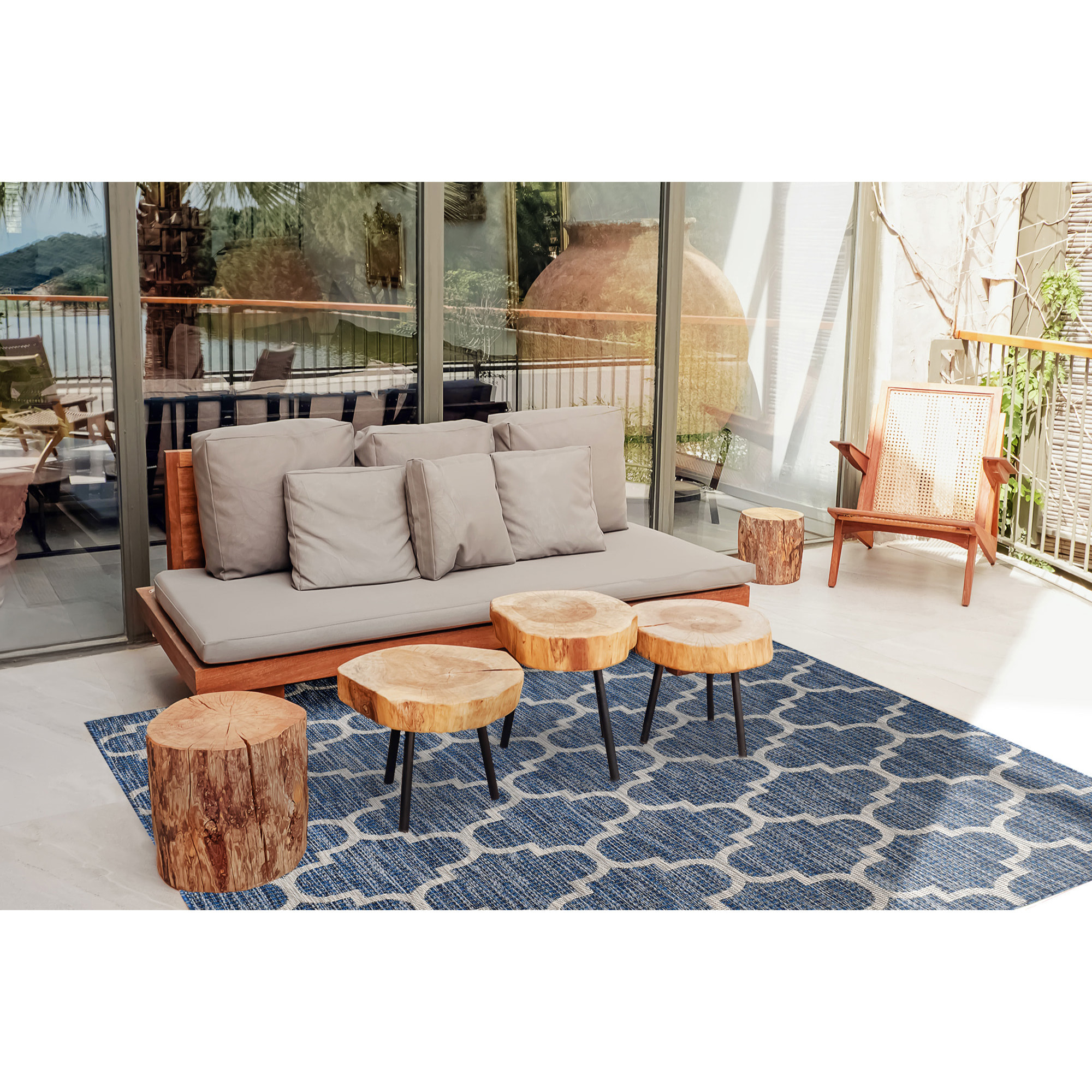 Moa- tapis d'extérieur bleu à motif gris carré