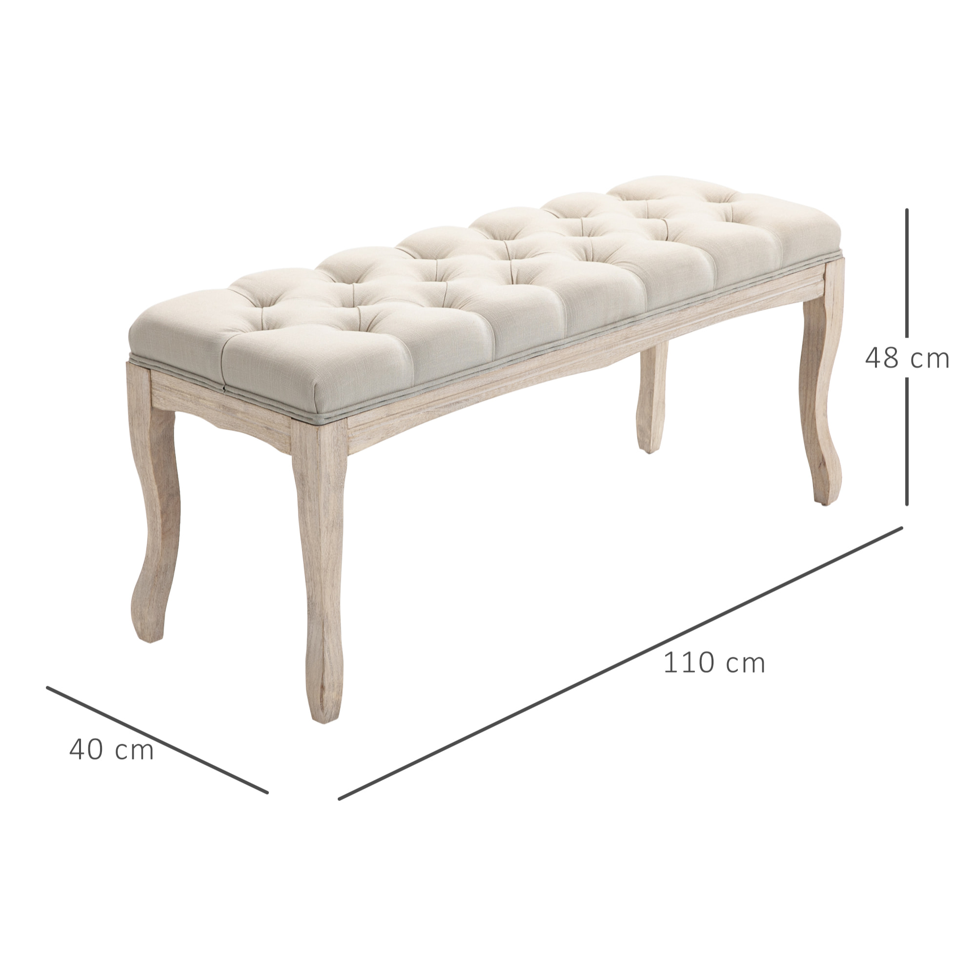 Banc banquette capitonnée style classique chic dim. 110L x 40l x 48H cm piètement bois hévéa sculpté lin beige