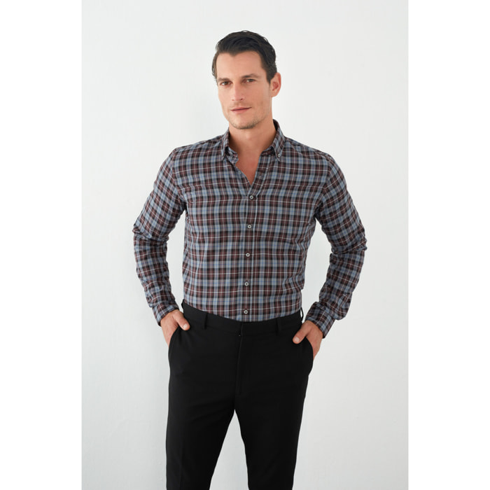 camicia uomo 1 bottone button down slim Twill Quadro Grande Bordeaux/Nero