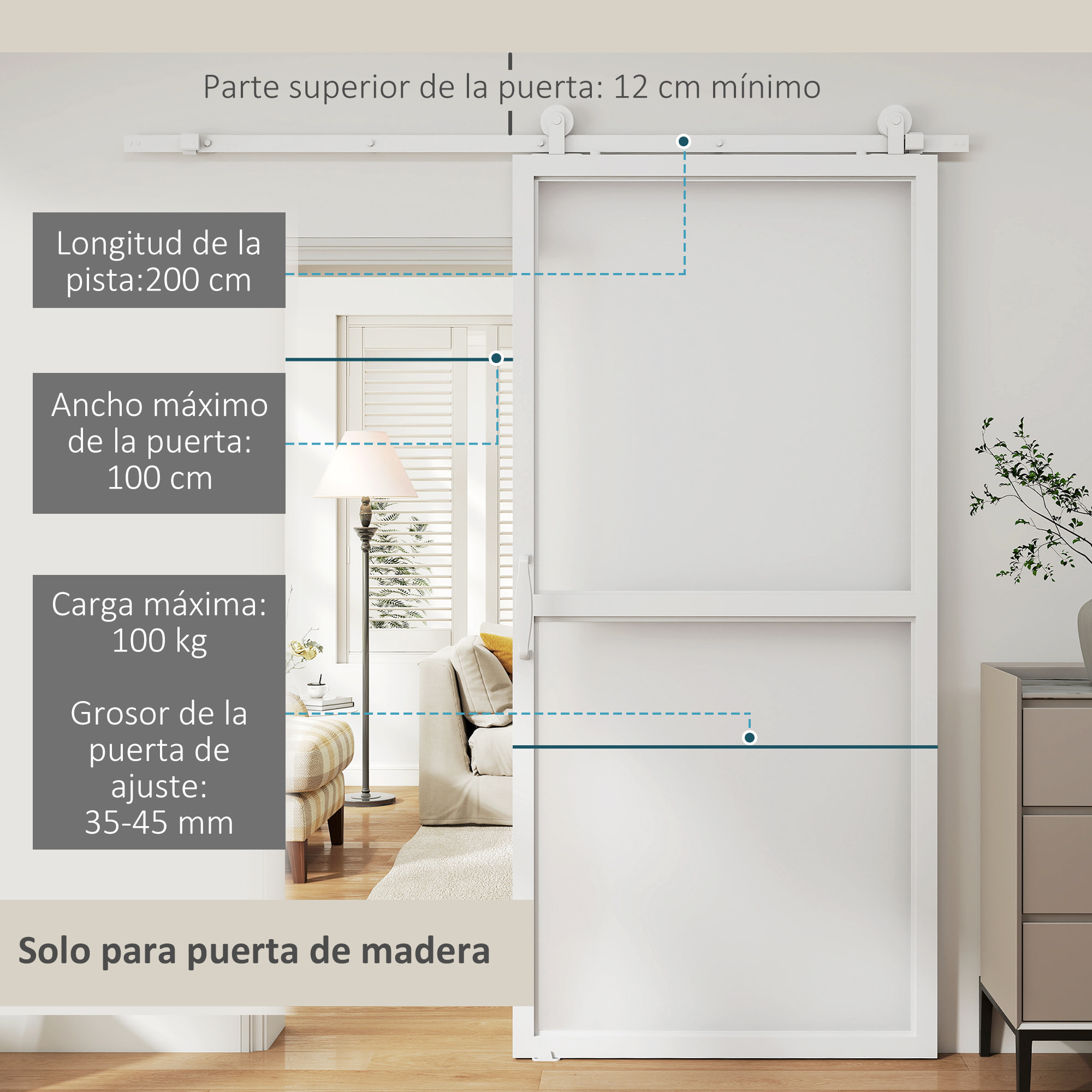 Herrajes para Puertas Correderas 200 cm, Kit de Accesorios para Puerta Corredera con 2 Rieles de Acero al Carbono y Guía de Suelo, para Garaje, Armario, Blanco