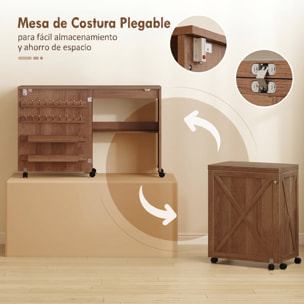 Mesa de Costura Plegable, Mesa Máquina de Coser con Puerta Magnética, 2 Compartimentos, Estante, 18 Soportes para Hilos, 5 Ruedas, Ahorro de Espacio, Marrón