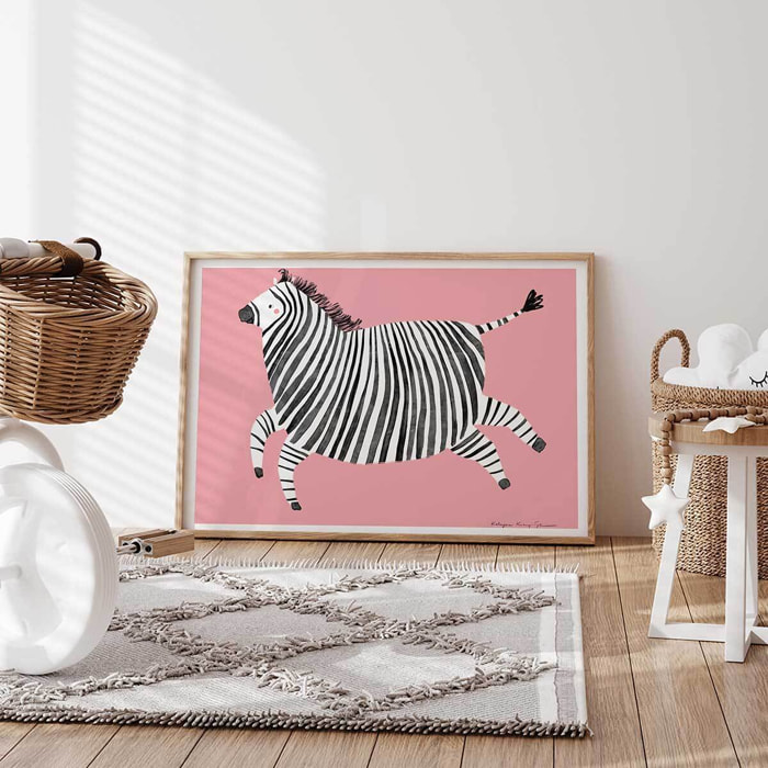 Affiche enfant zèbre rose  Affiche + cadre en bois - Chêne