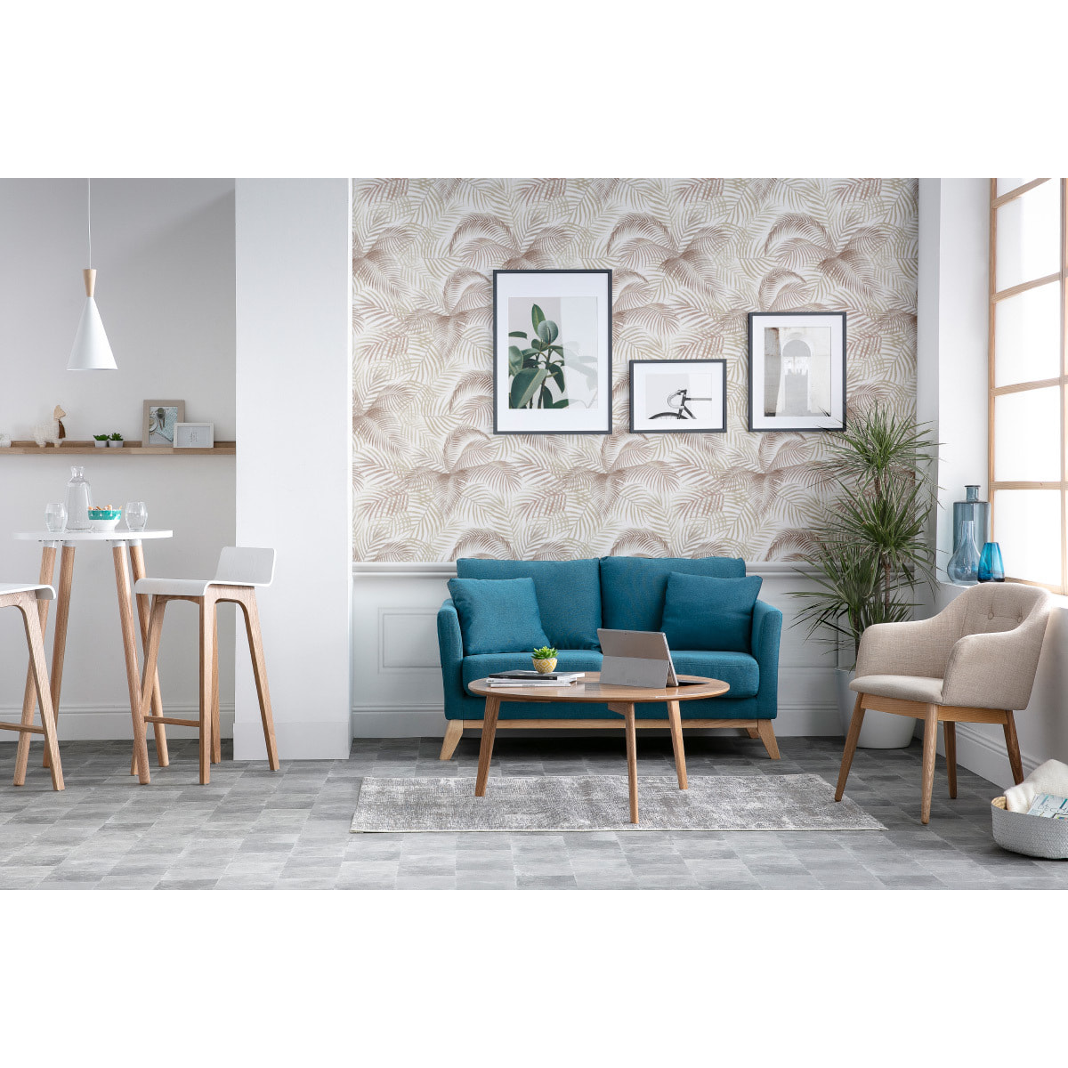 Canapé scandinave déhoussable 2 places en tissu gris foncé et bois clair OSLO