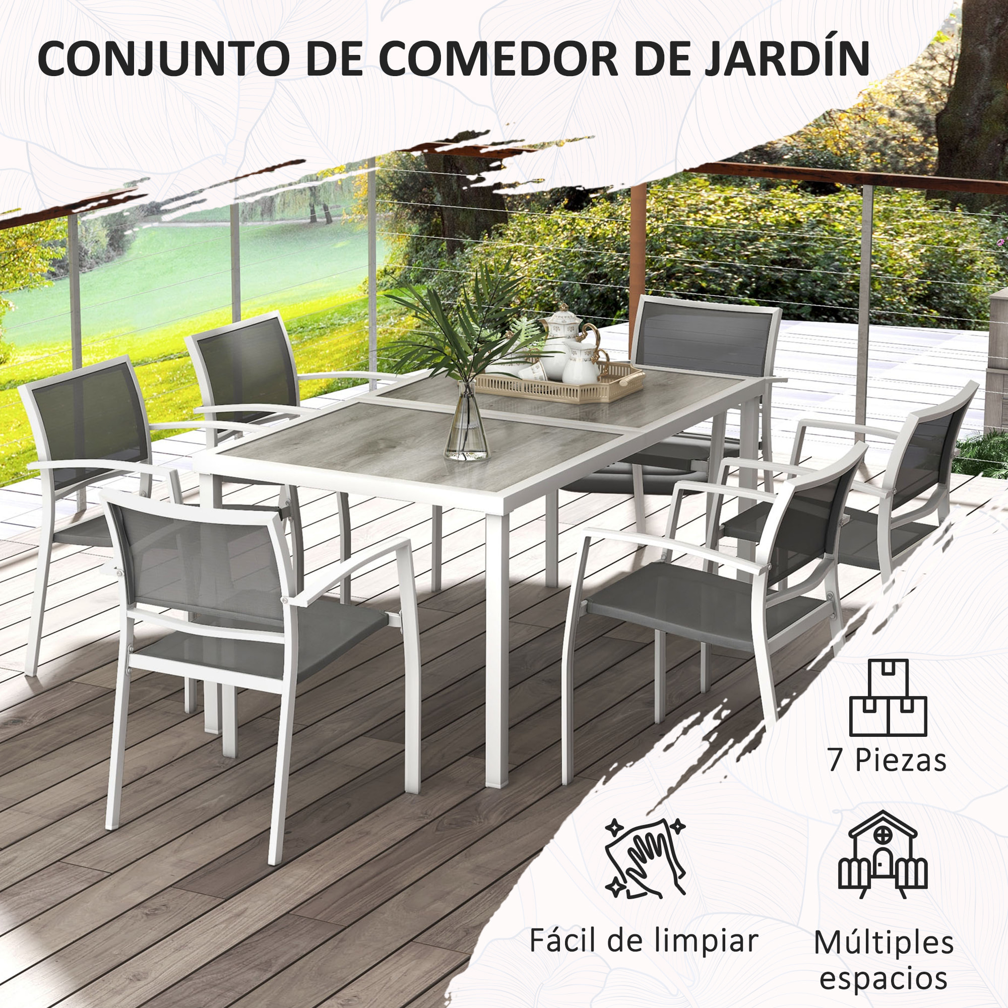 Outsunny Conjunto de Comedor de Exterior Juego de Comedor de Jardín de 7 Piezas con 1 Mesa y 6 Sillas Apilables Estilo Moderno para Terraza Patio Blanco y Gris