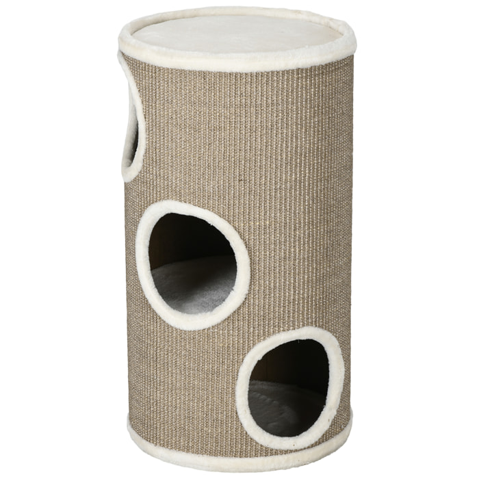 Arbre à chat cylindrique - tour à griffer pour chat - tonneau griffoir - 3 niveaux + plateforme - sisal peluche brun clair