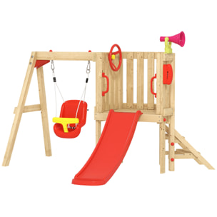 Columpio y Tobogán Infantil Exterior, 5 en 1, Parque Infantil Exterior de Madera con Columpio, Tobogán, Volante, Bocina, Teléfono, para Niños de 18-48 Meses, para Patio, Césped, Rojo