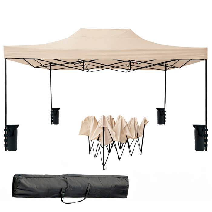 Gazebo Professionale 3x4.5 M Richiudibile Automatico In Acciaio E Telo Oxford 1200D PVC Impermeabile Anti UV Struttura a Fisarmonica con Sacche Beige