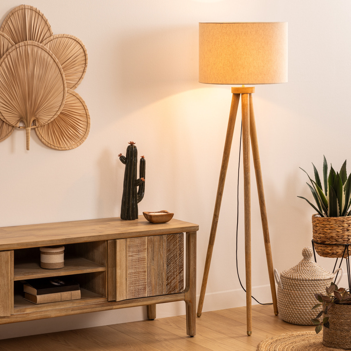 Lampadaire trépied "Olga" - noir - bois H150
