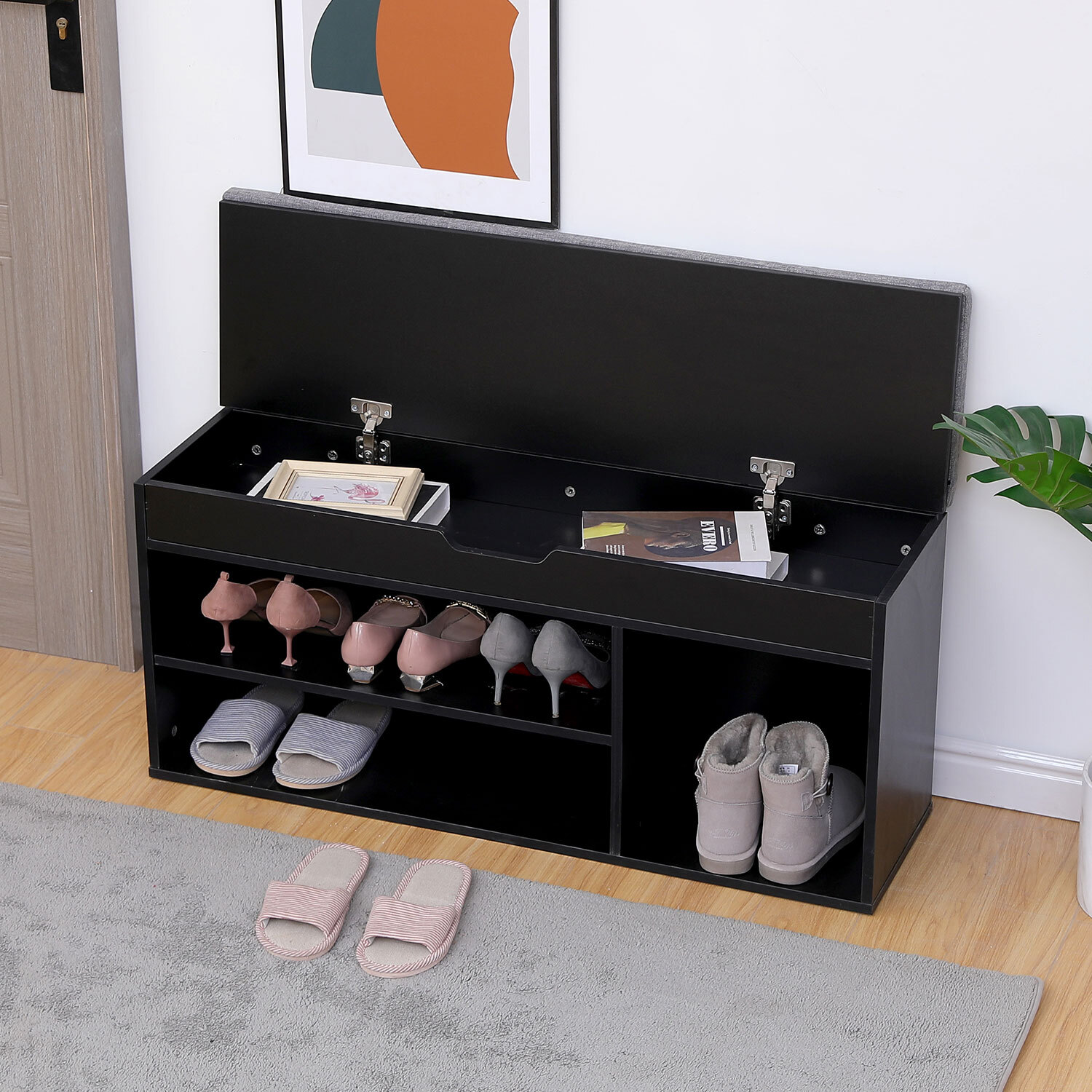 Meuble à chaussures trois casiers avec coffre noir ALAN