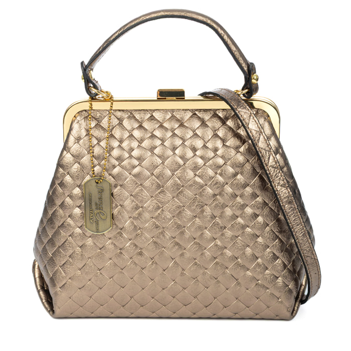 Arienzo bolso de mano mujer. Piel auténtica Gamuza con grabado entrelazado y lacada brillante.