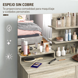 Tocador de Maquillaje con Taburete, Tocador con Espejo, Estantes Abiertos, Cajón y Estante Ajustable, Anti-vuelco, para Dormitorio, Salón y Vestidor, Natural