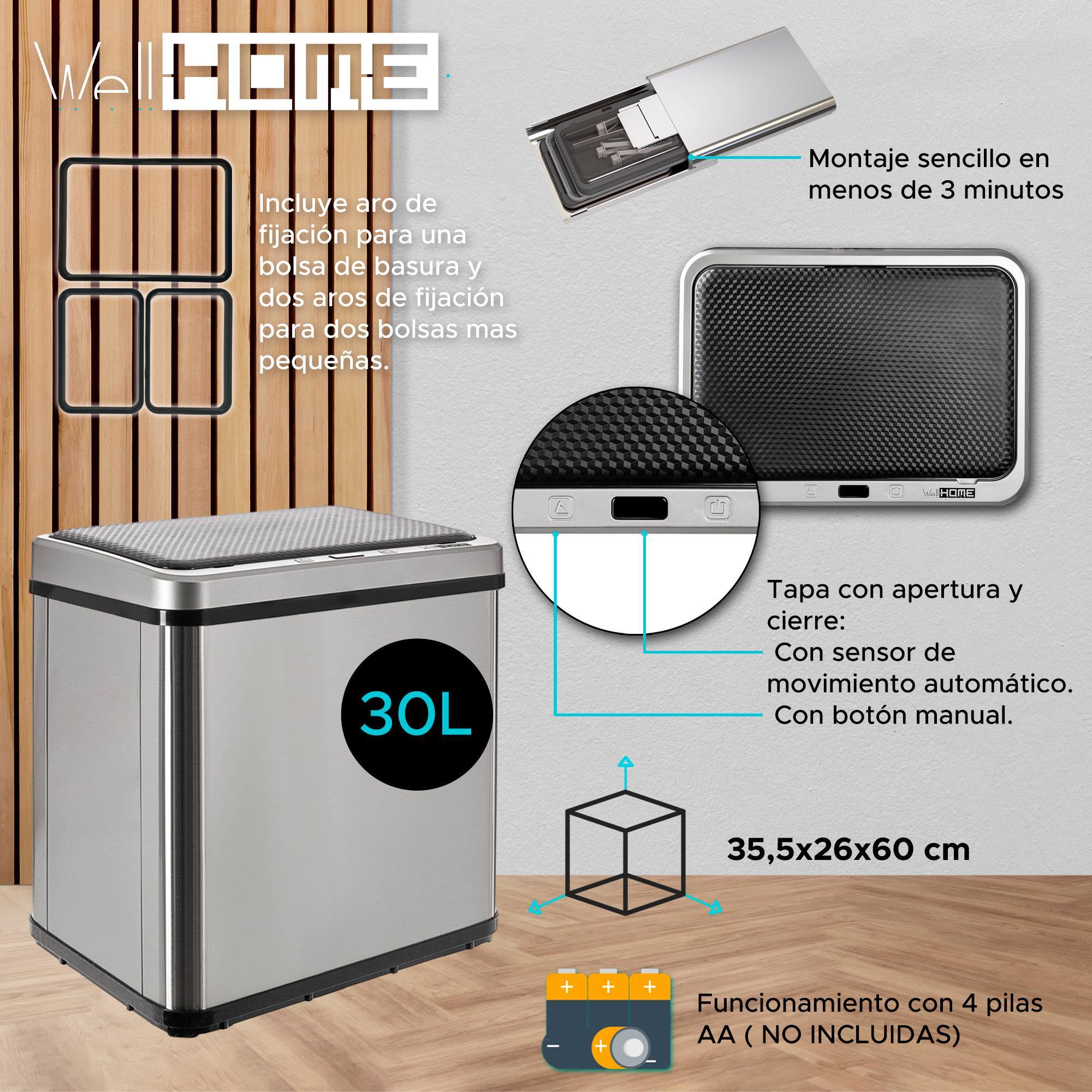 Well home - cubo de basura inteligente sin patas con apertura automática y contacto manual 30l, 35,5x26x60cm color gris