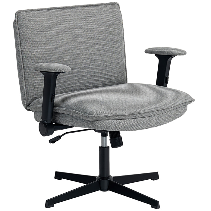 Silla de Oficina Piernas Cruzadas, Silla de Escritorio con Reposabrazos Abatible, Asiento Ancho, sin Ruedas, Altura Ajustable, Giratoria, Función Basculante, Tapizada en Lino, Gris