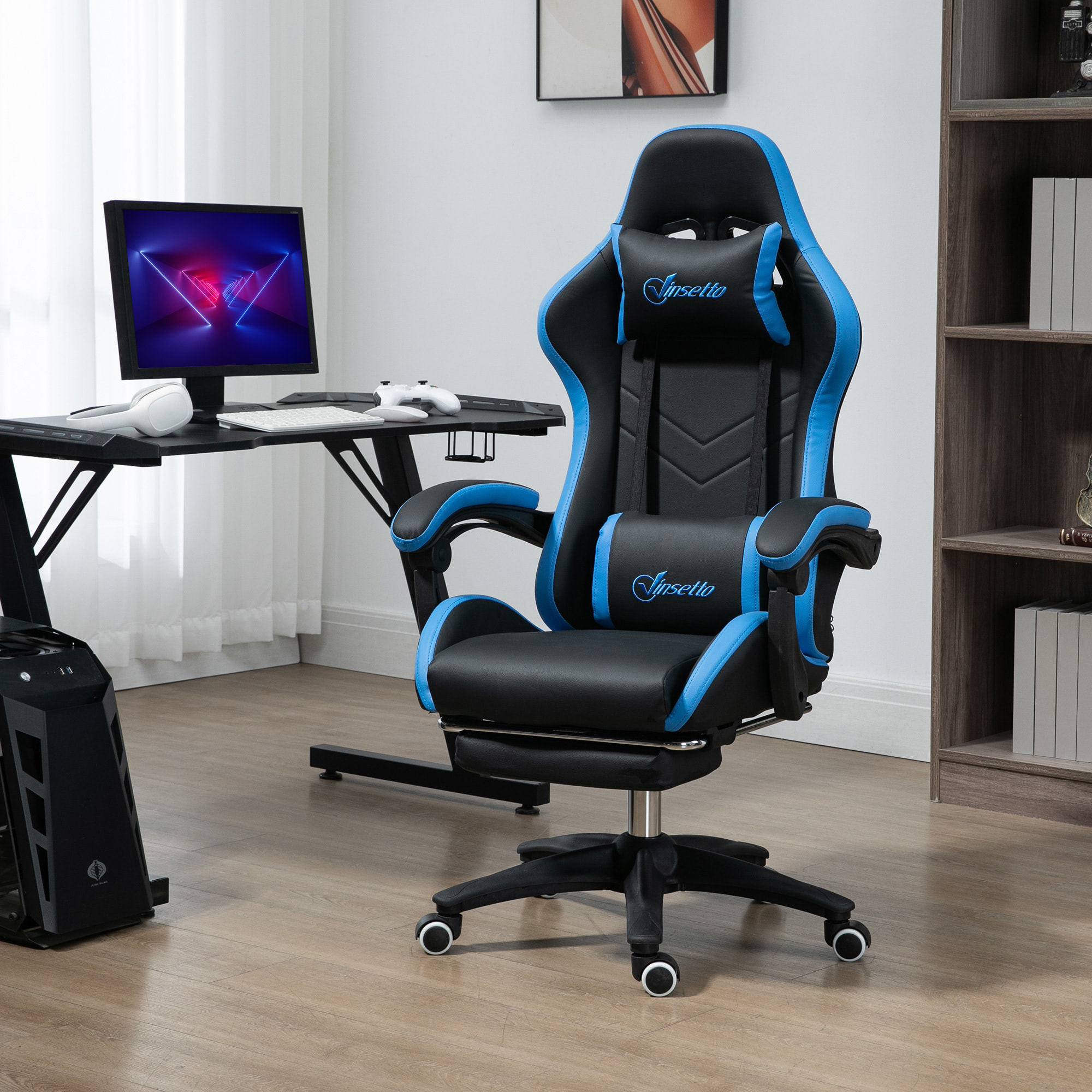 Chaise gaming - chaise de bureau gamer inclinable réglable repose-pieds rétractable coussins synthétique noir bleu