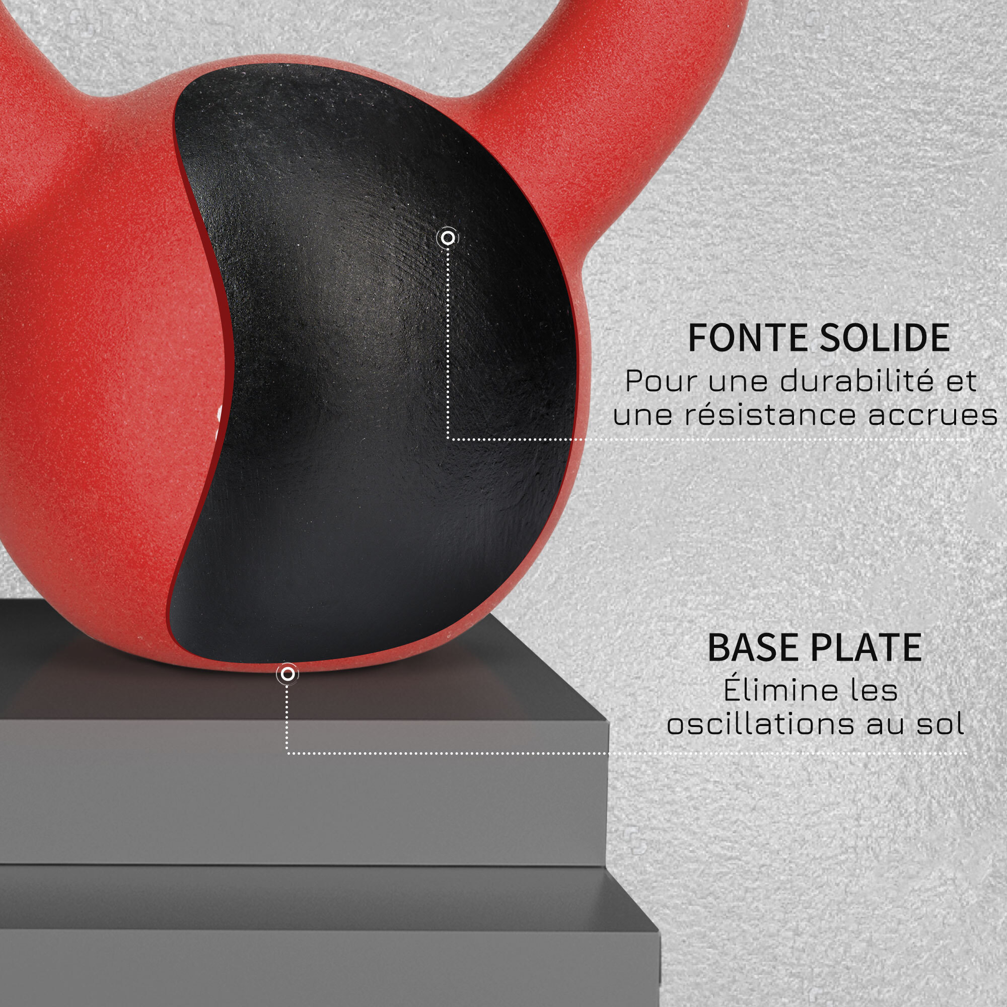 Kettlebell 10 Kg en métal large poignée antidérapante fond plat rouge noir