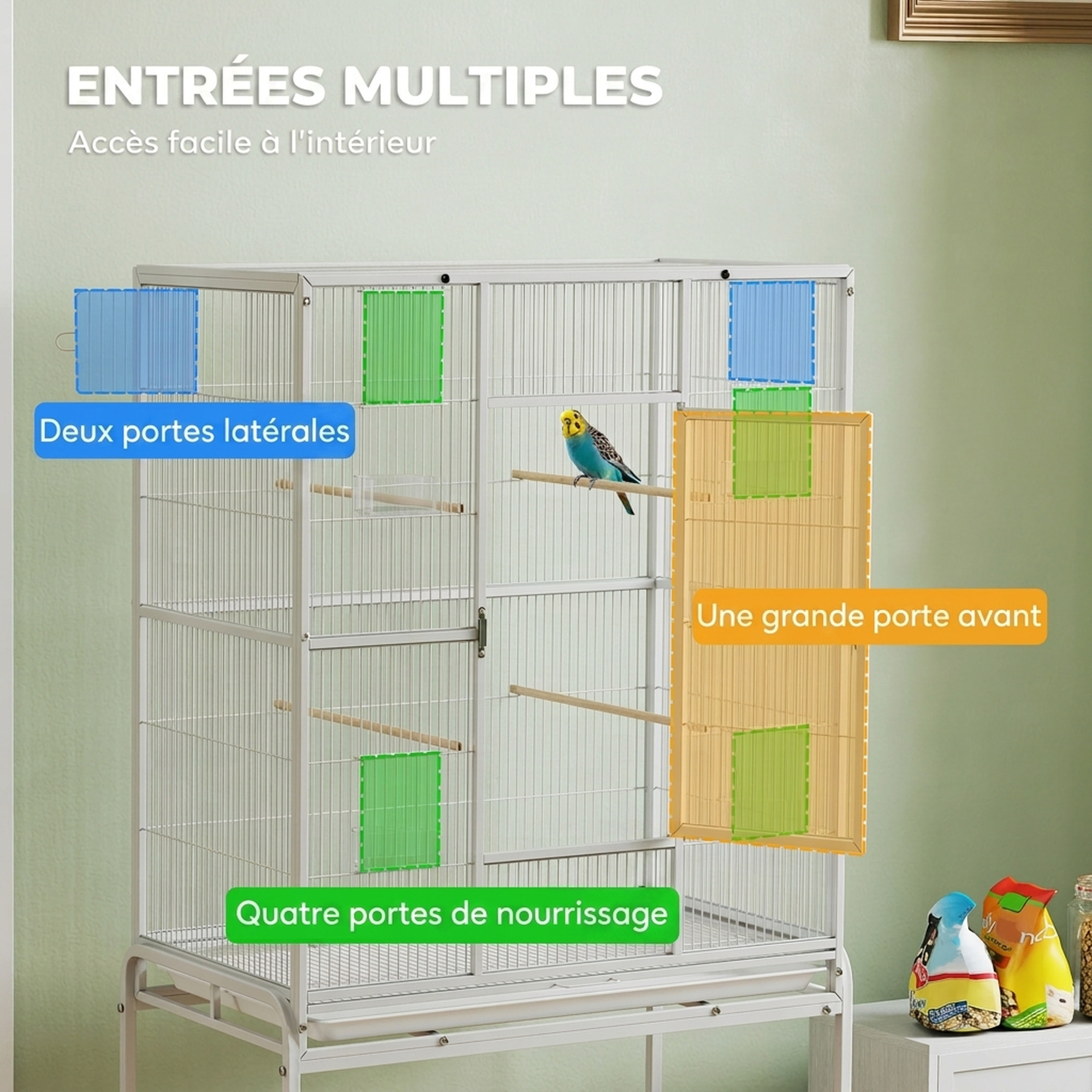 Cage à oiseaux portable avec 4 mangeoires et 4 perchoirs pratique 81 x 48 x 162 cm blanc