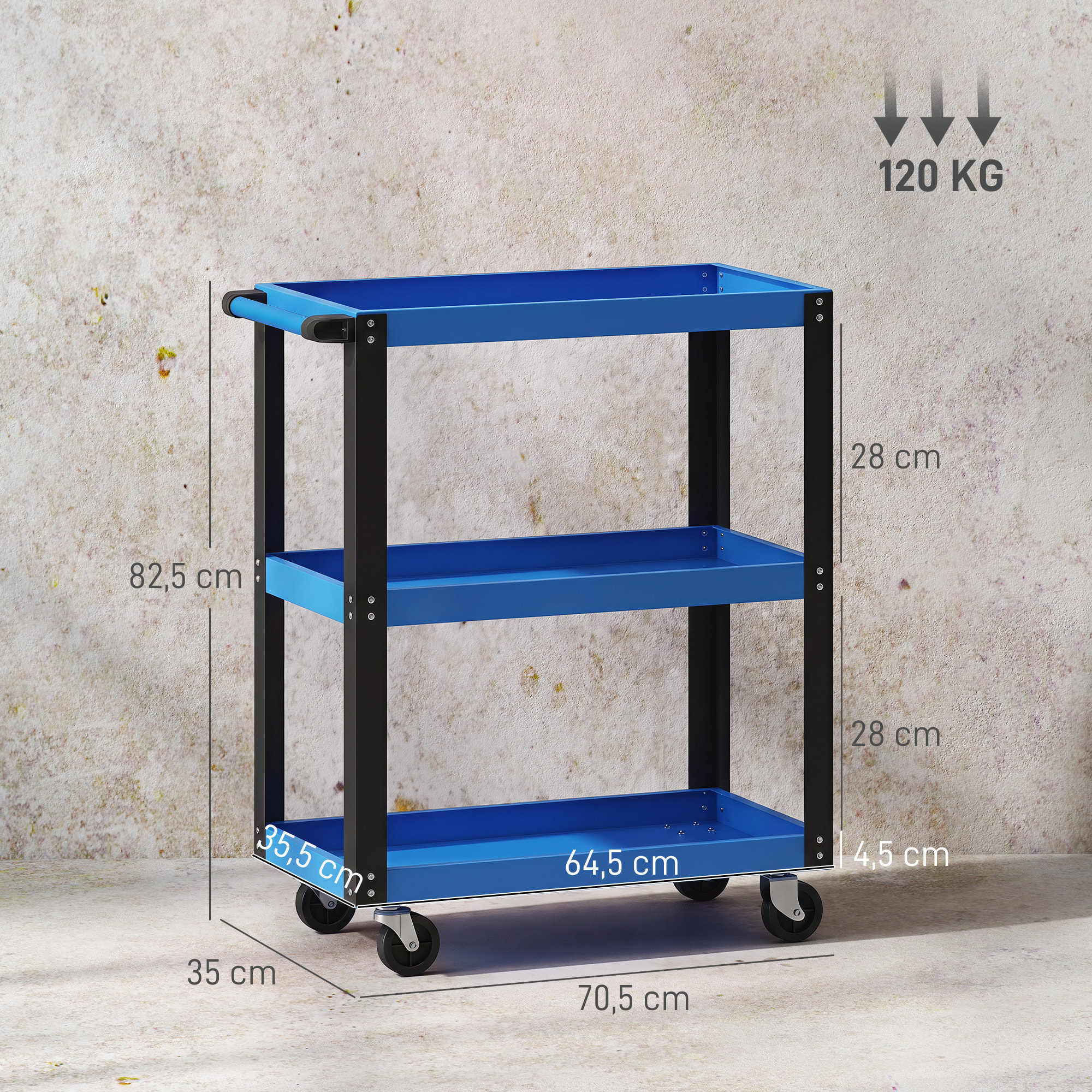 HOMCOM Carro de Taller, Carro de Herramientas con 3 Estantes, Ruedas con Frenos y Asa Lateral, para Garaje Mecánico, Hogar, Carga 120 kg, Azul