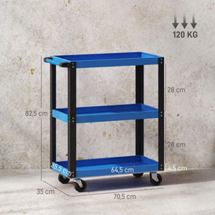 HOMCOM Carro de Taller, Carro de Herramientas con 3 Estantes, Ruedas con Frenos y Asa Lateral, para Garaje Mecánico, Hogar, Carga 120 kg, Azul