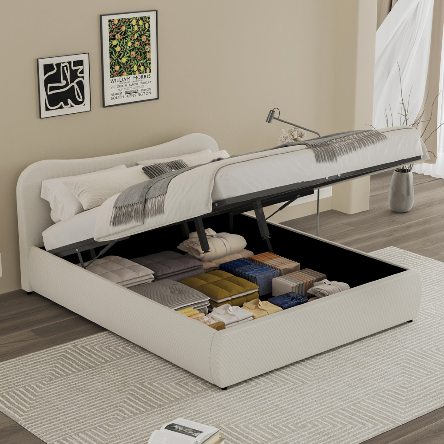 MILANO Lit coffre 160x200cm design arrondi velours côtelé beige