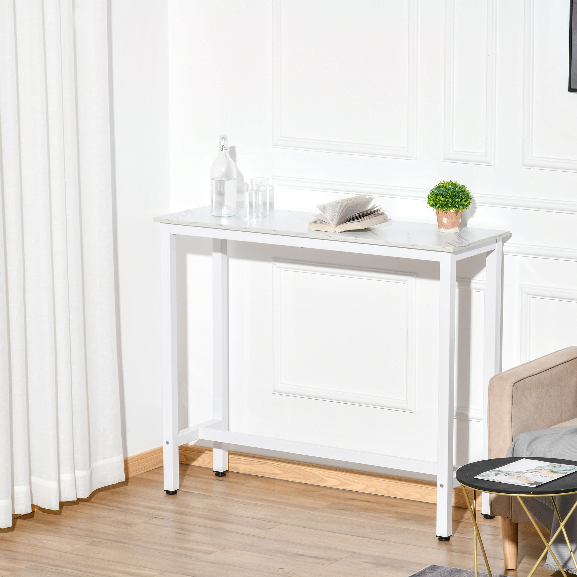 Table de bar - table haute de cuisine - dim. 120 x 40 x 100 cm - aspect marbre blanc acier blanc