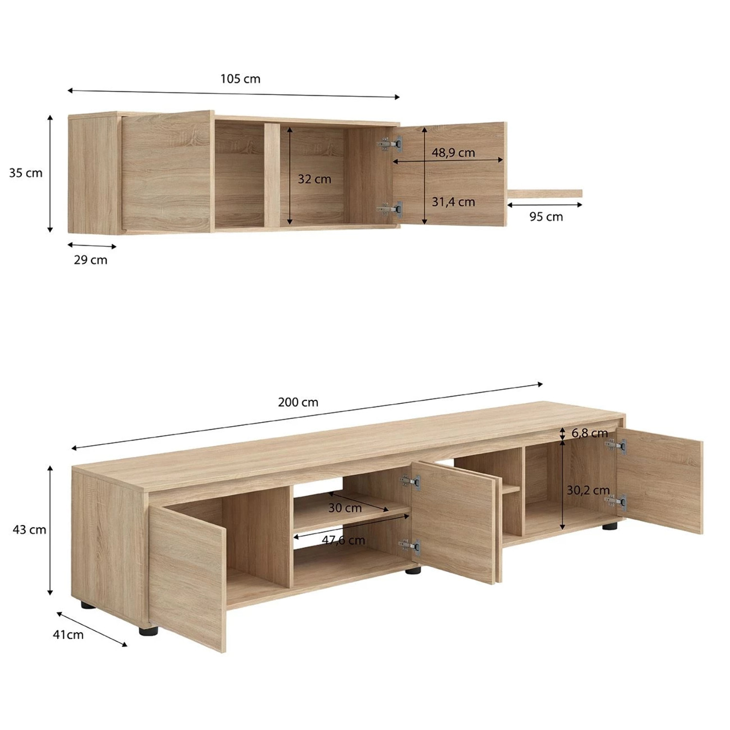 Salón con mueble de TV y estantería en roble canadian 200 cm Arlet Roble Canadian