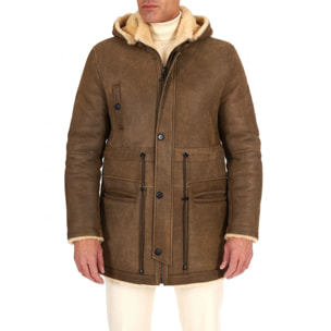 Cappotto Montone Shearling color fango con cappuccio staccabile