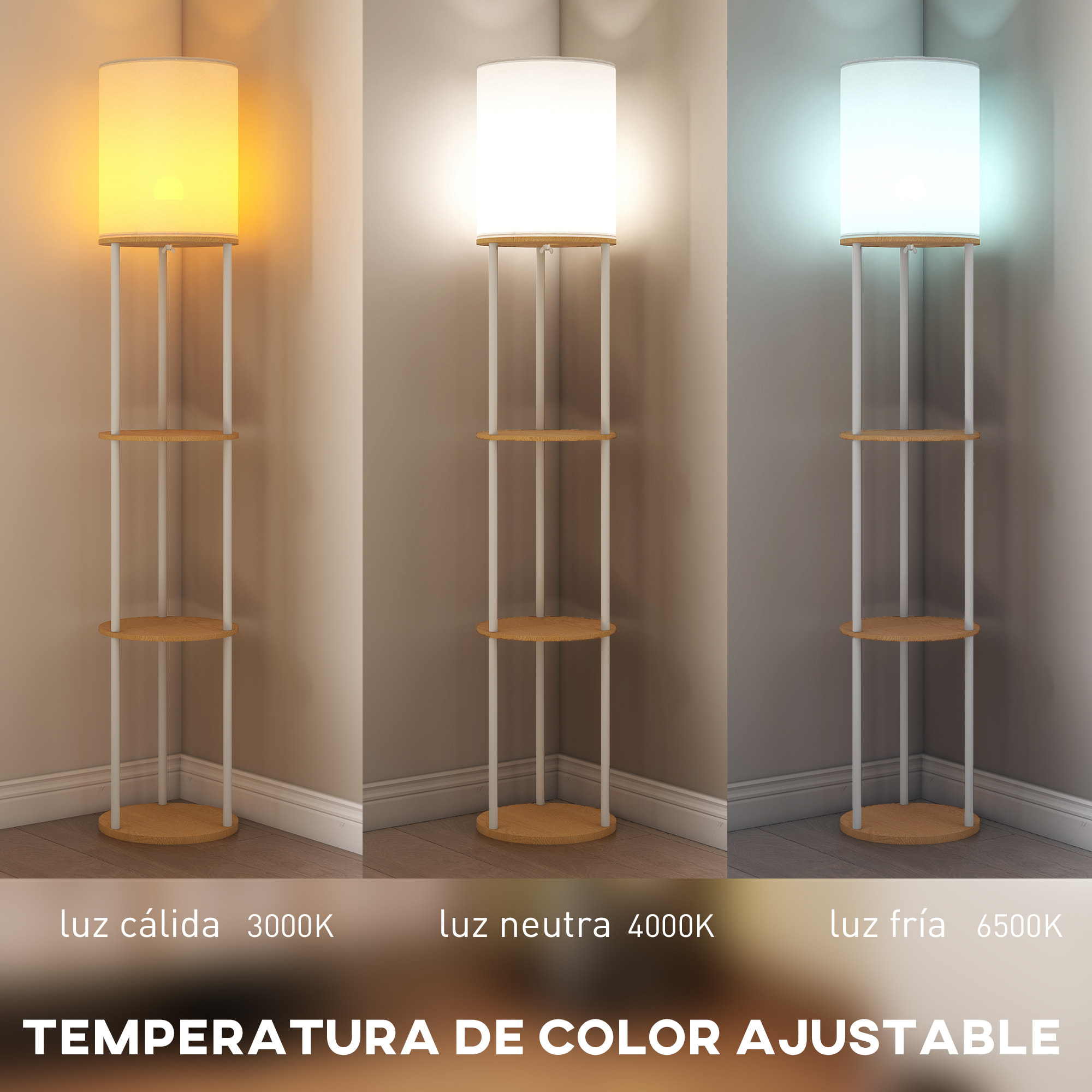 Lámpara de Pie con Estantes, Lámpara con 3 Temperaturas de Color, Control Remoto, Bombilla E27, para Salón, Dormitorio, Oficina, Natural