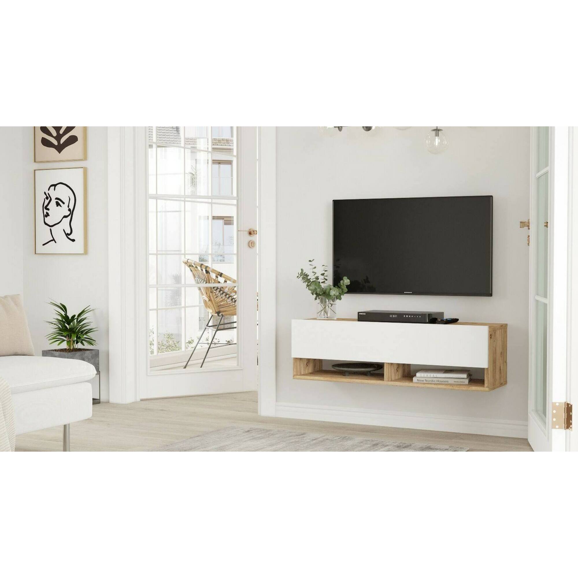 Mobile porta TV Dfantin, Credenza da soggiorno, Armadio basso per TV, Base parete attrezzata, 100x32h29 cm, Quercia e Bianco