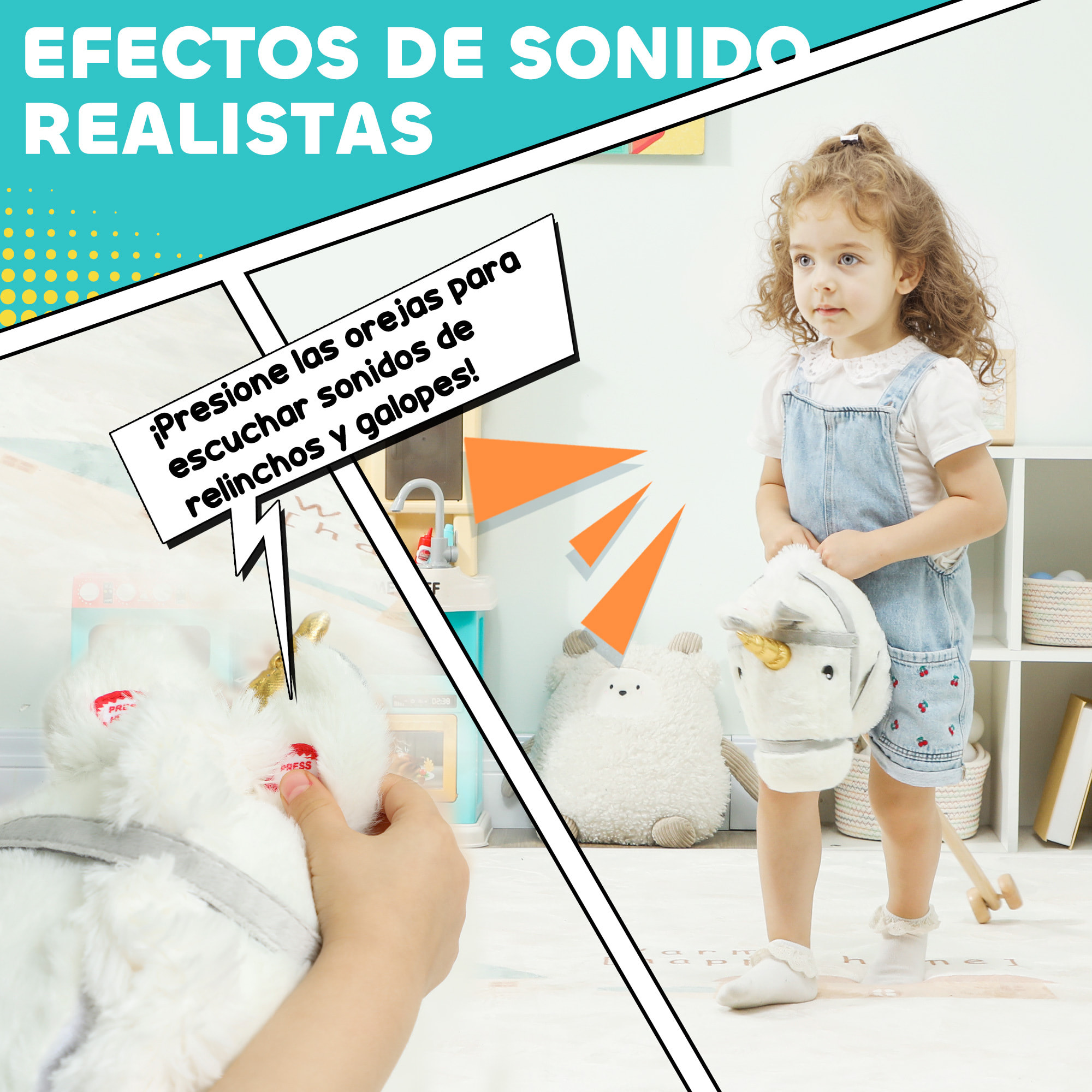 Cabeza de Caballo con Palo de Madera, Diseño Unicornio, Sonidos y Ruedas, Caballo de Juguete, 95 cm de Altura, Blanco